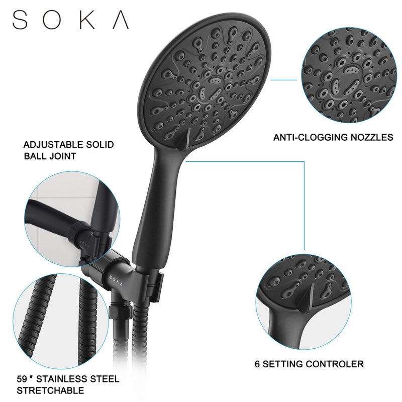 SOKA High Pressure Shower Heads with 6 Spray Setting Massage Spa 6" Showerhead with Handheld Shower Head with Extra Long Hose 59 Inches(5 Feetï¼‰And Adjustable Bracket Matte Black - Image 4